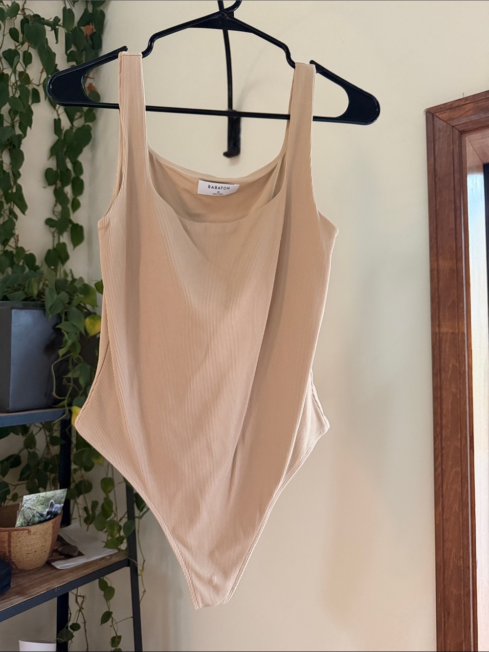 Aritzia Babaton Beige Ribbed Square Neck Bodysuit